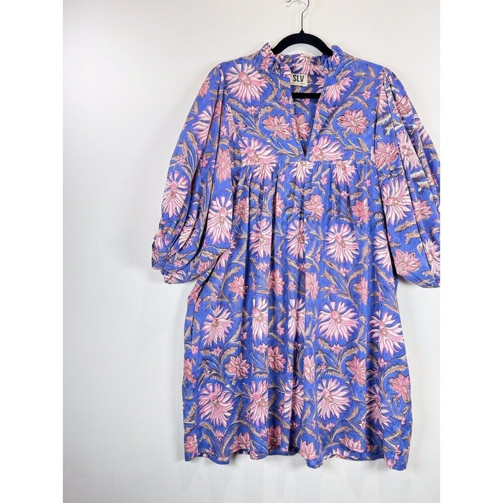 Sur La Vague Mini Dress Purple Blouse Mini Floral V Neck Puff Sleeve Boho M/L - Picture 6 of 11